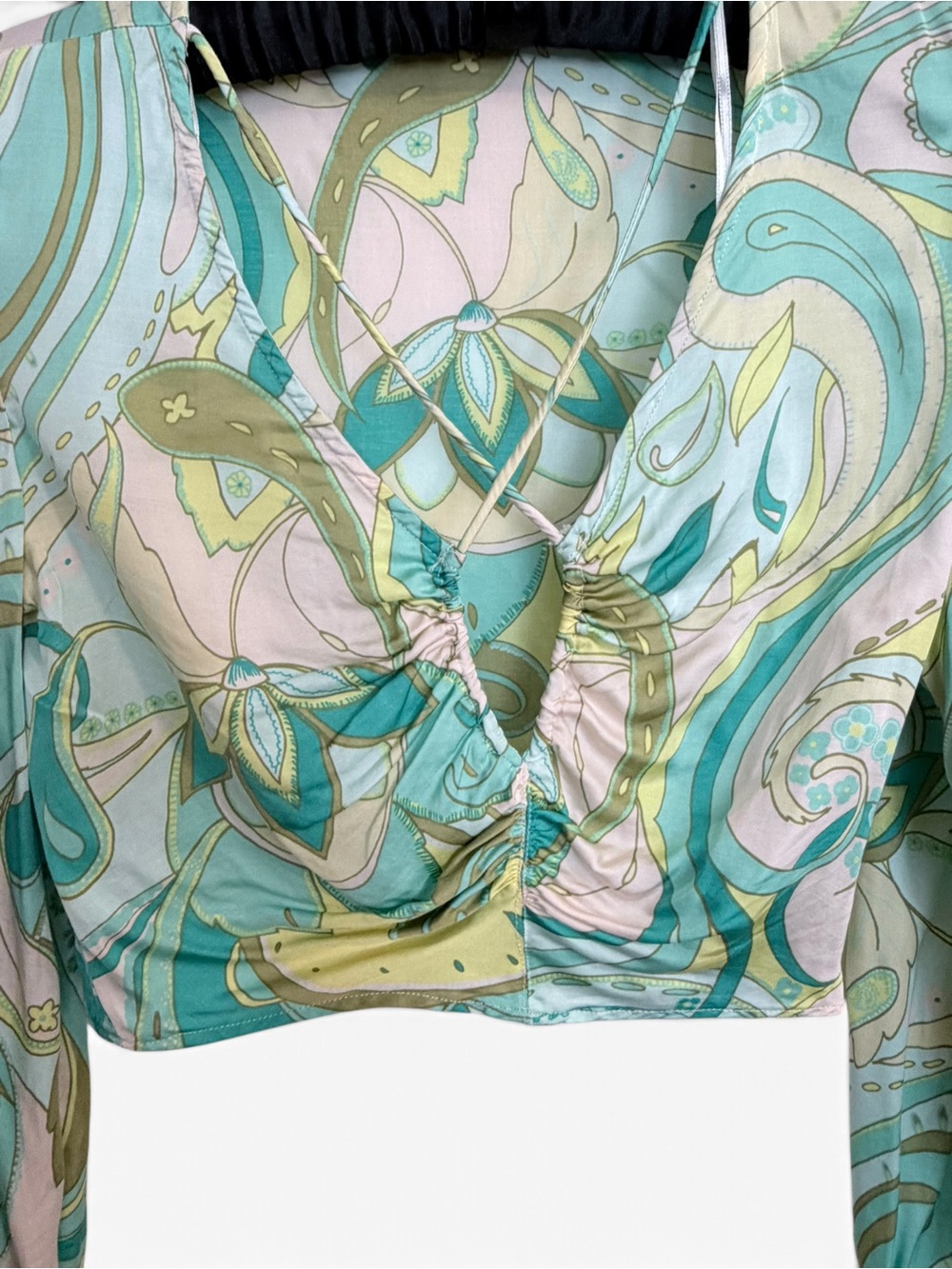 Zara Paisley V-Neck Long Sleeve Top in Aqua, Mint & Cream